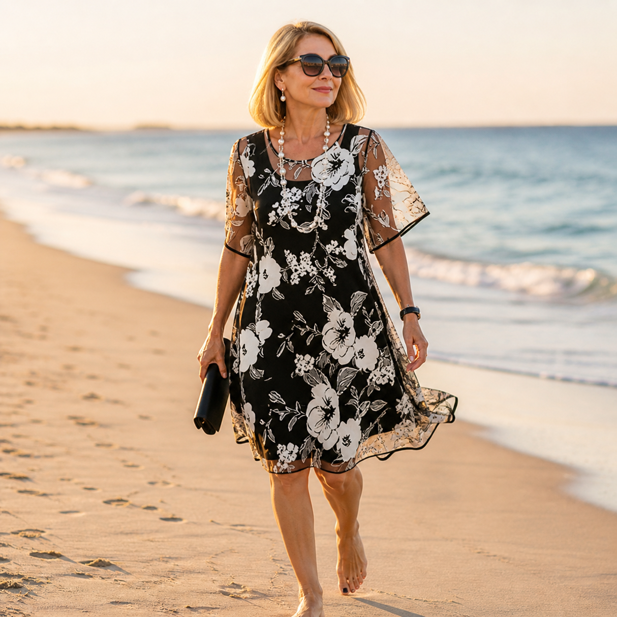 Solenya – Women's Floral Chiffon Dress with Sheer Overlay