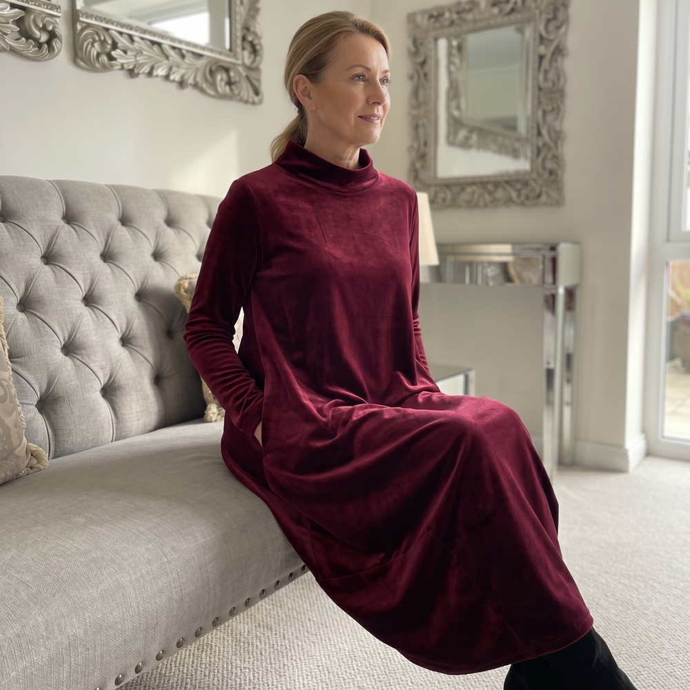 Sofelle – Women's Velvet Cocoon Midi Dress with Pockets