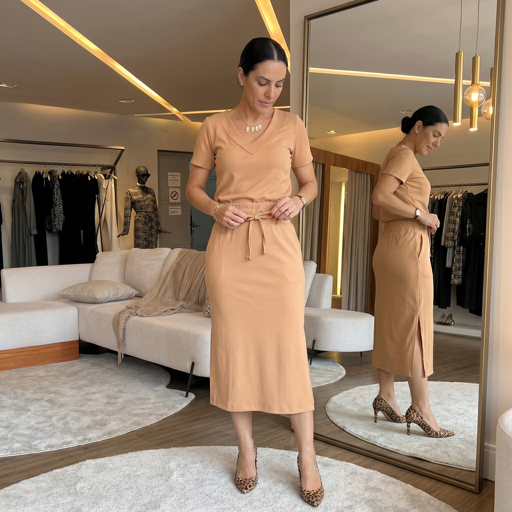 Saviya – Women's Ribbed V-Neck Top and Midi Skirt Set