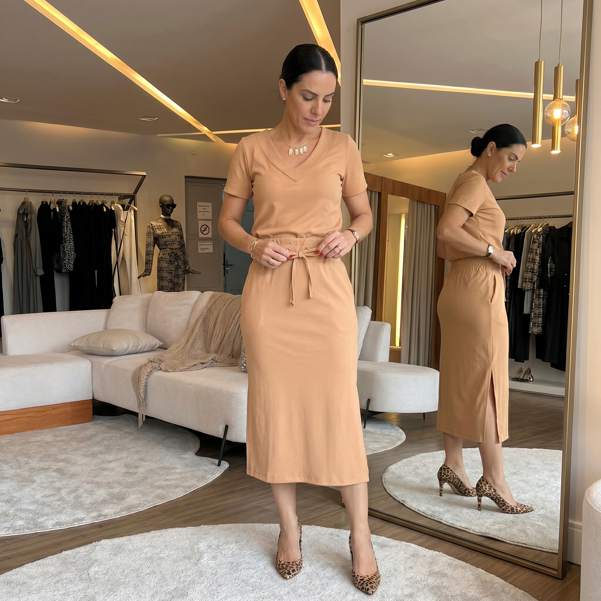 Saviya – Women's Ribbed V-Neck Top and Midi Skirt Set