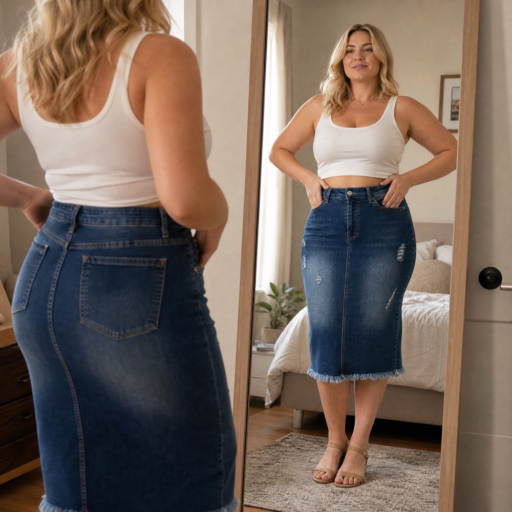 Veluna – Women's Curve-Flattering Frayed Hem Denim Skirt