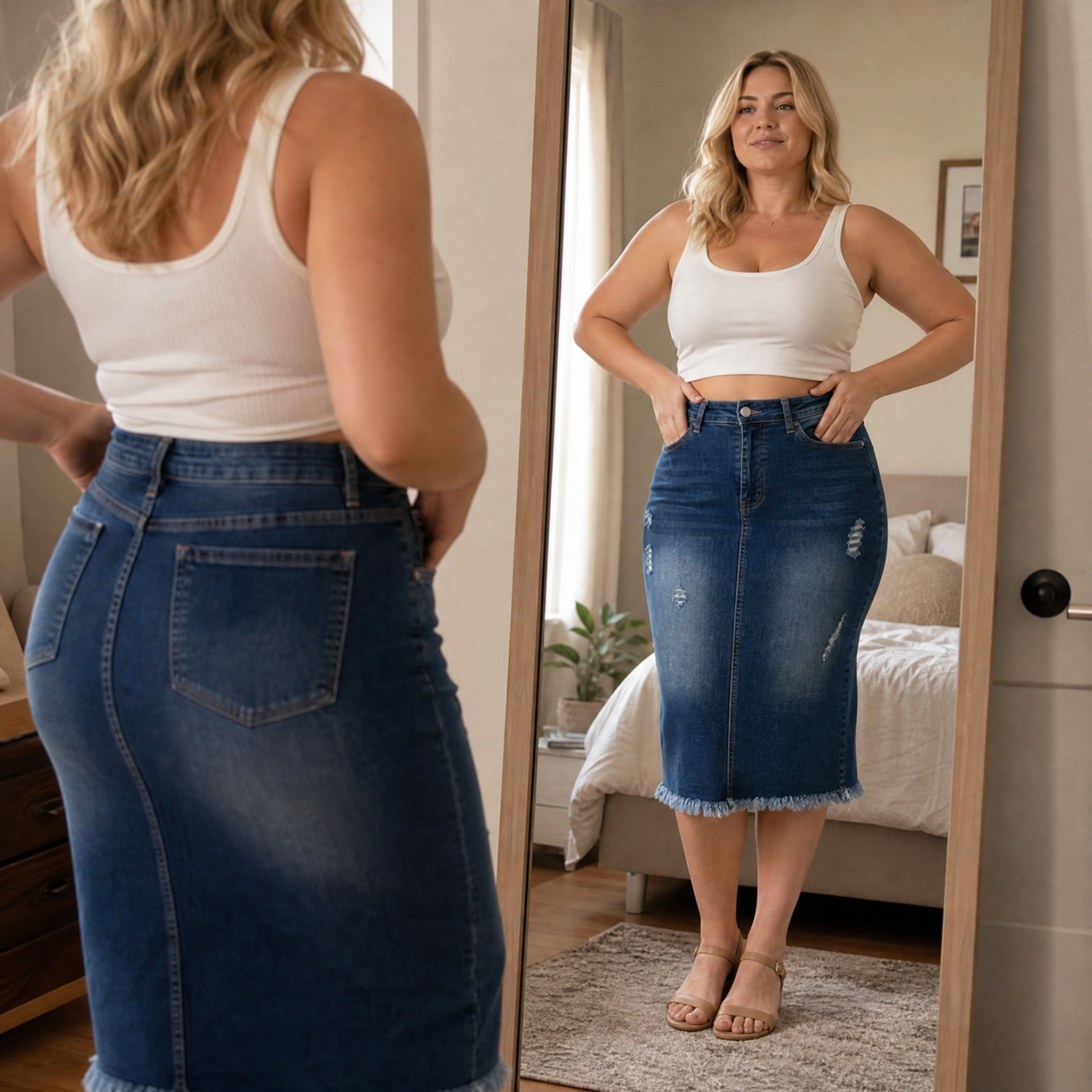 Veluna – Women's Curve-Flattering Frayed Hem Denim Skirt