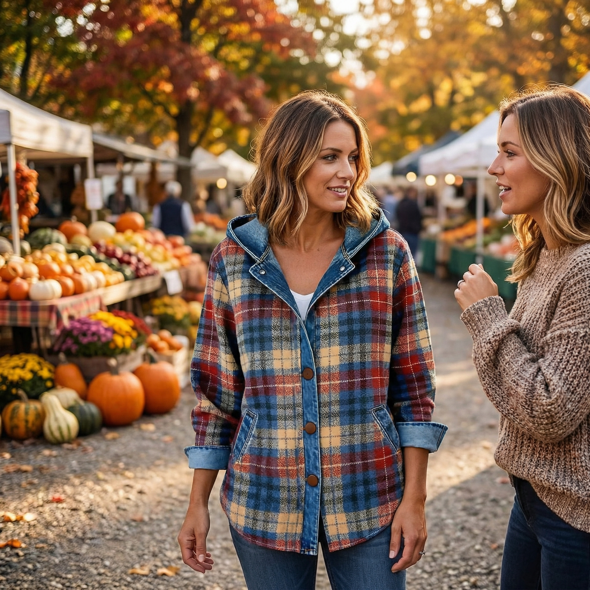 Weslyn – Women’s Contrast Denim Plaid Hooded Jacket