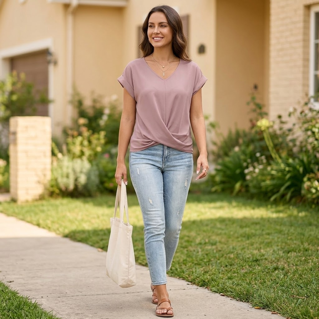 Veluna – Twist-Knot V-Neck Top for Effortless Everyday Style