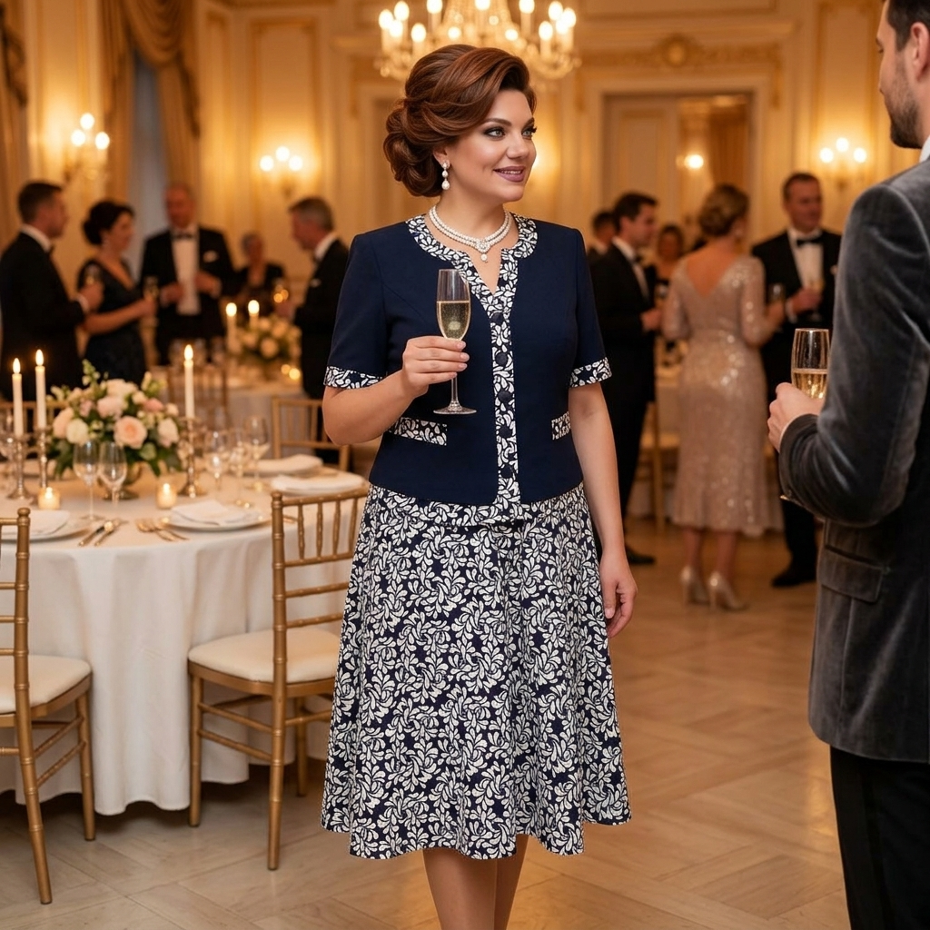 Maelyn – Women's Elegant Navy Floral Dress with Built-In Jacket