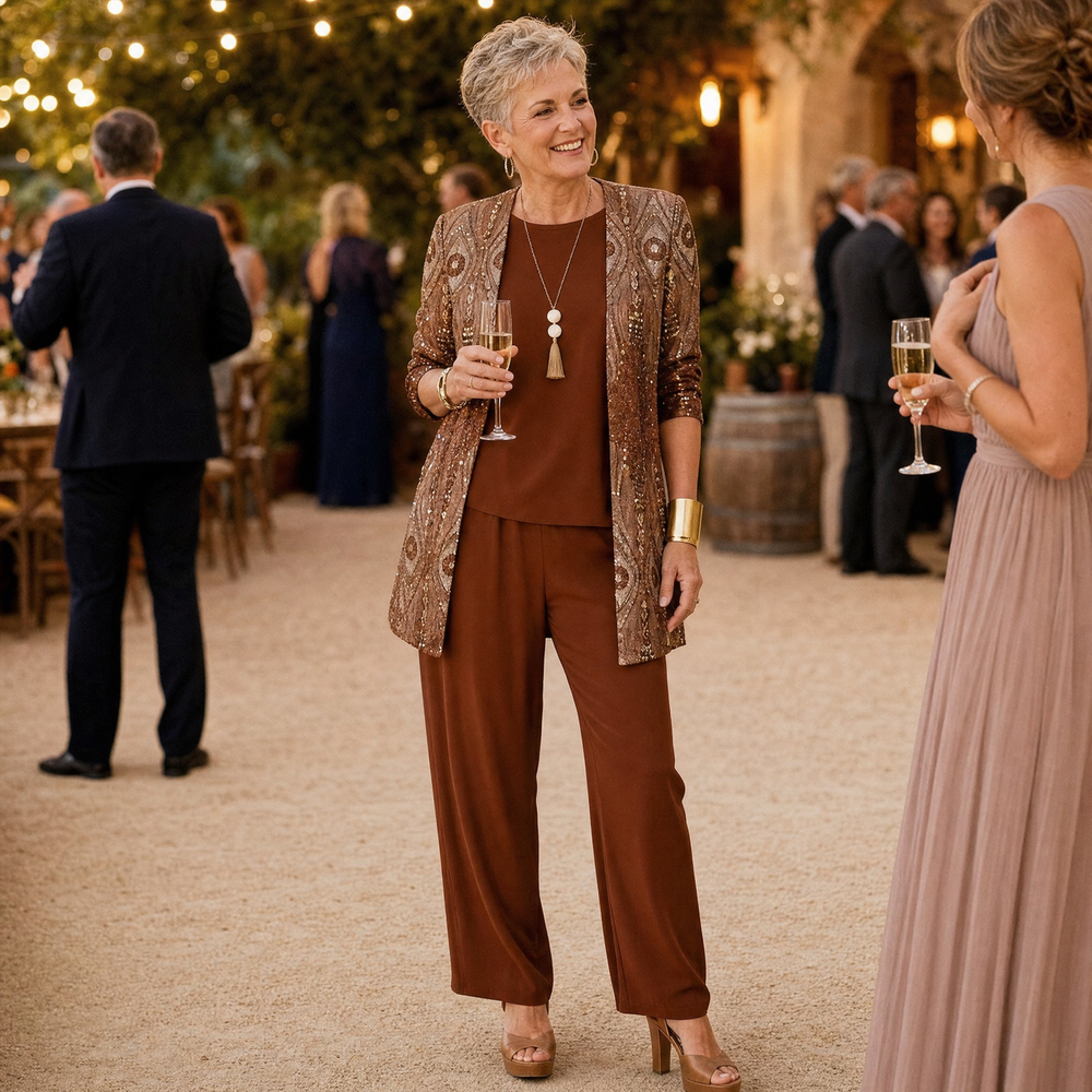 Trielle – Women's 3-Piece Printed Pantsuit Set, Duster, Shell and Wide-Leg Pants