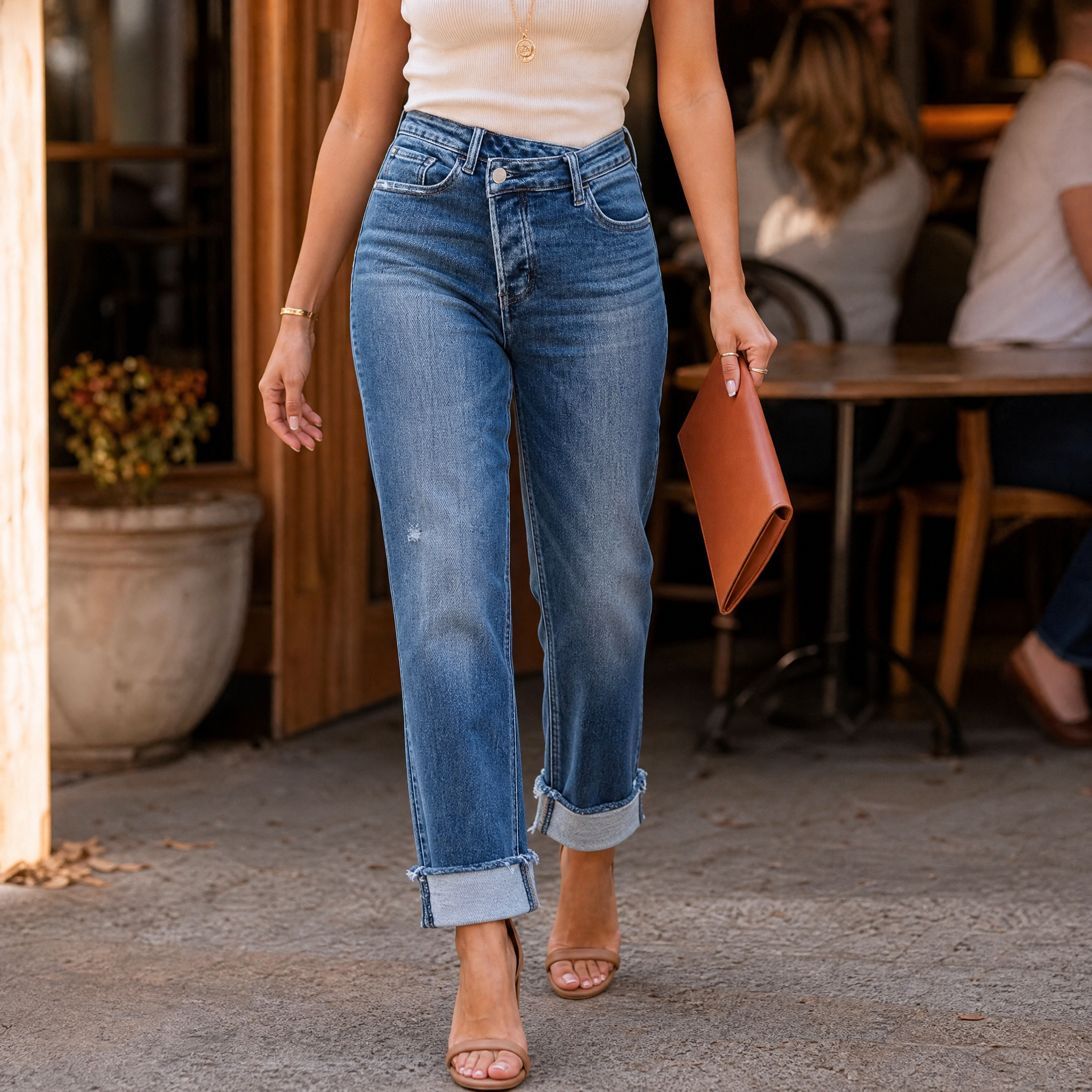 Denvie – Women's High-Waisted Crossover Straight-Leg Jeans
