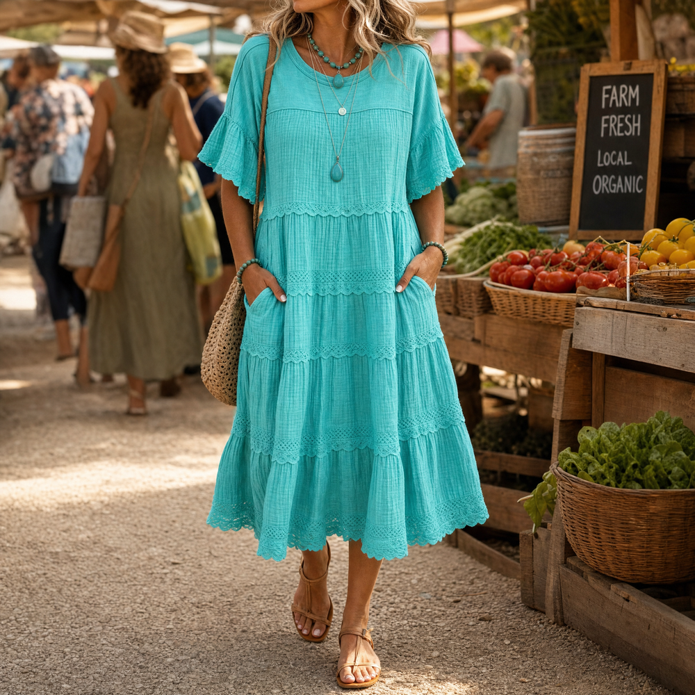 Sundara – Women's Tiered Lace Midi Dress with Hidden Pockets