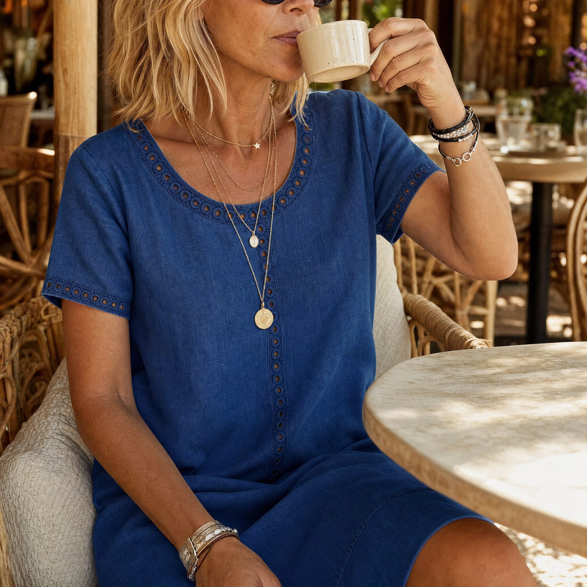 Lunavia – Women's Eyelet Trim Linen Midi Dress