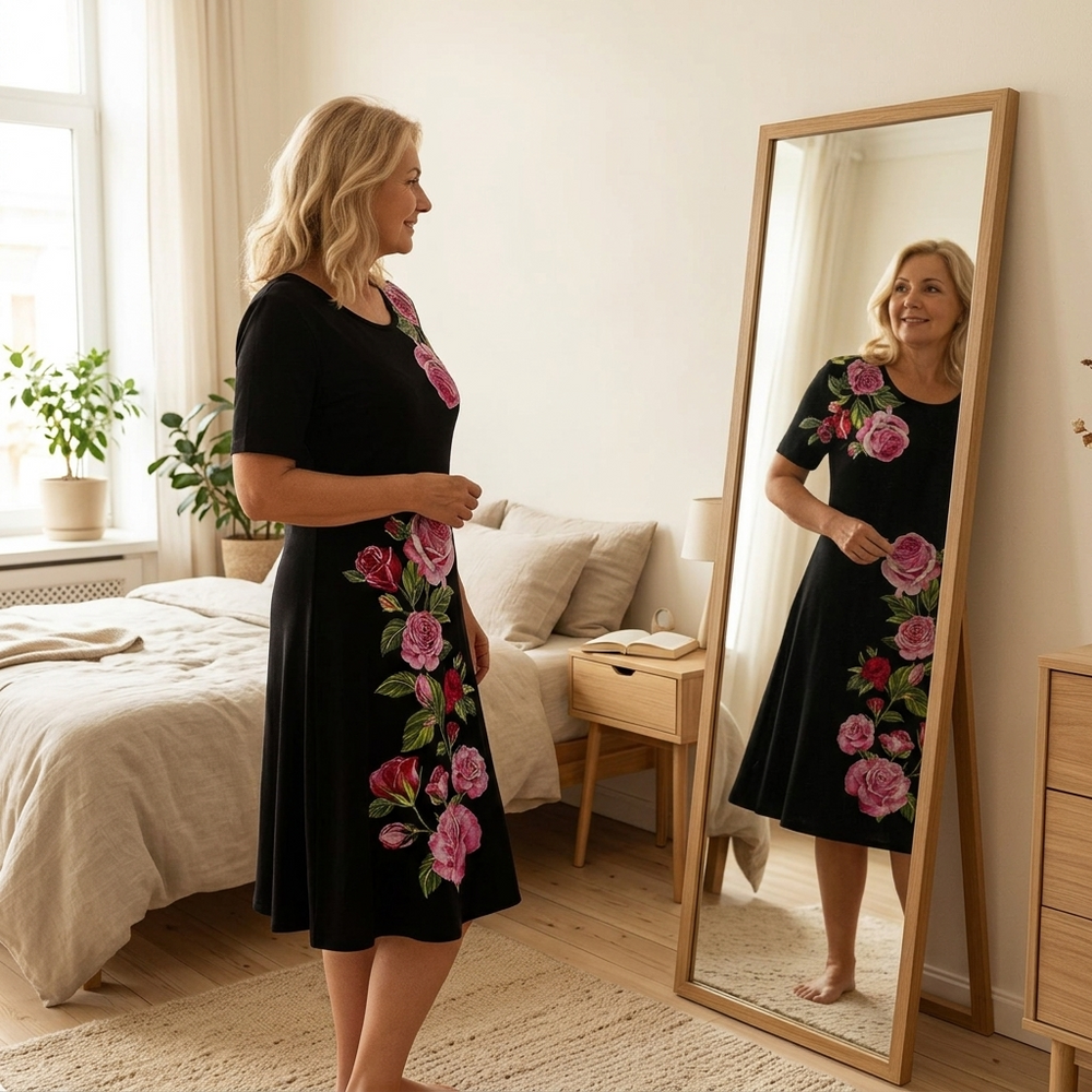 Rosalia – Women's rose print A-line midi dress
