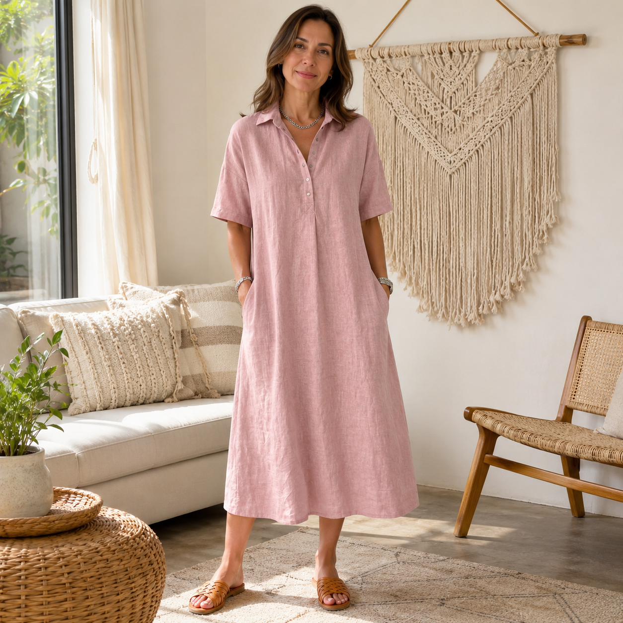 Lunavia – Women's Linen Polo Midi Dress