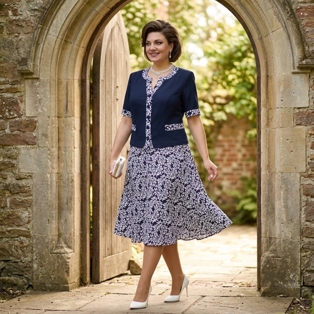 Maelyn – Women's Elegant Navy Floral Dress with Built-In Jacket