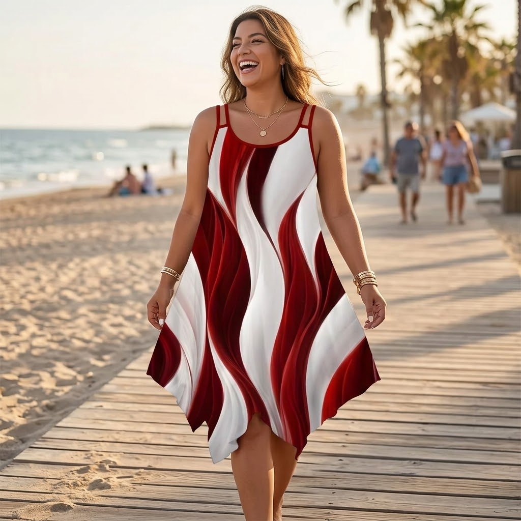 Solenza – Asymmetric Swirl Print Midi Dress
