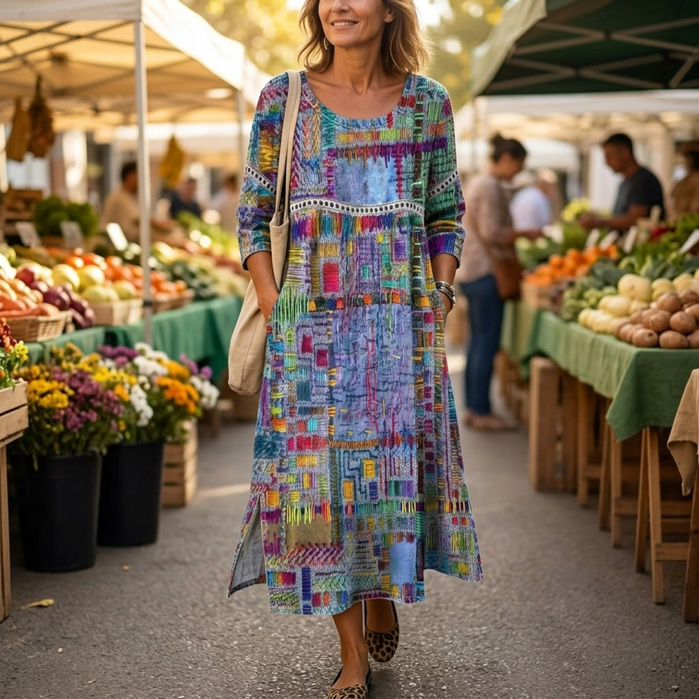 Tessara – Women's Artisan Print Midi Dress with Pockets