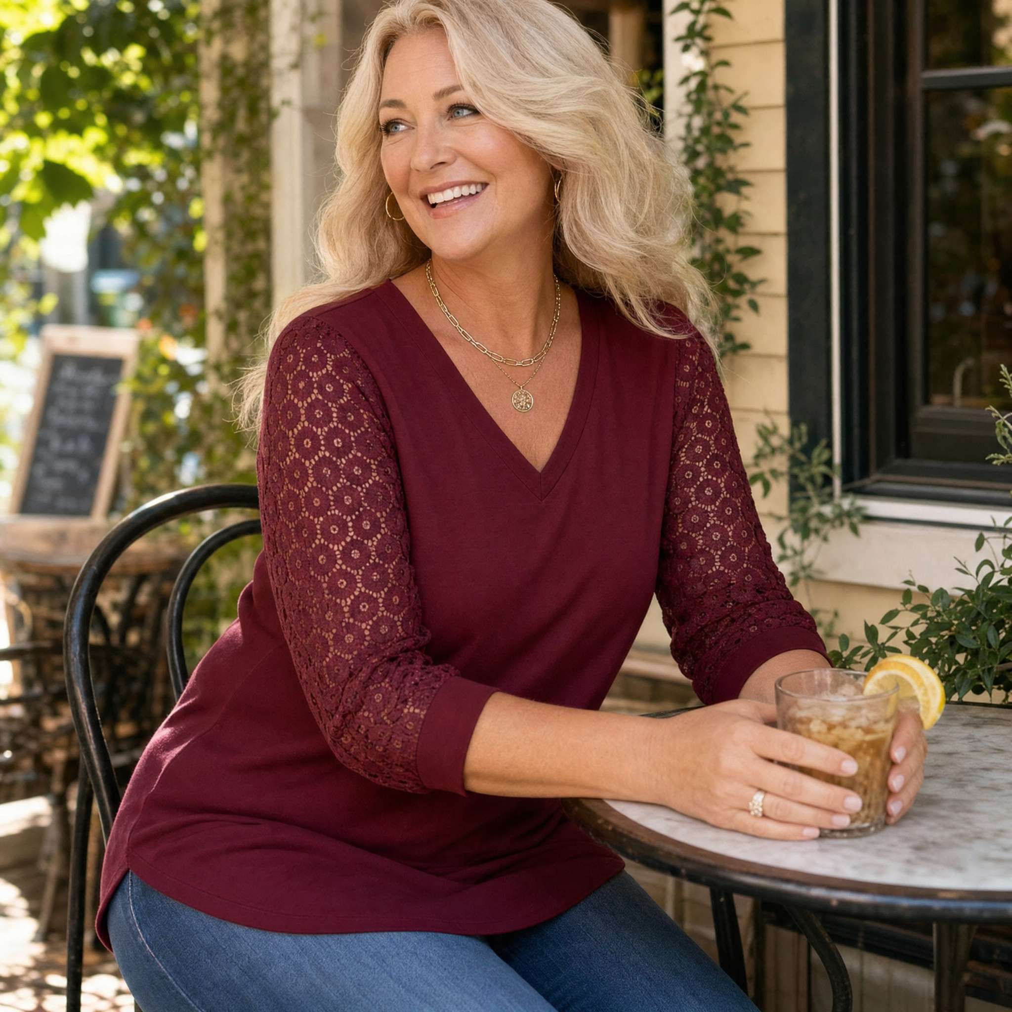 Lumeya™ – Crochet Lace Sleeve V-Neck Top