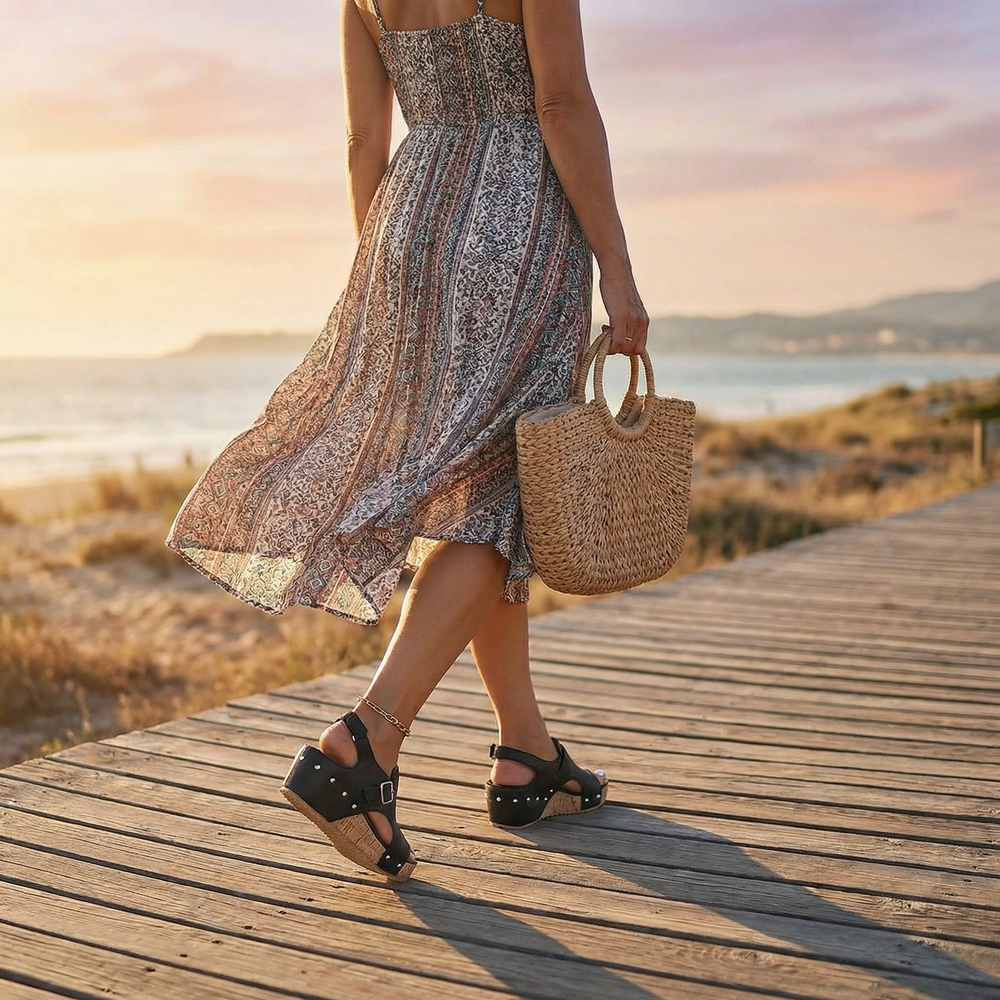 Solana – Retro Cork Wedge Sandals with Rivet Detail