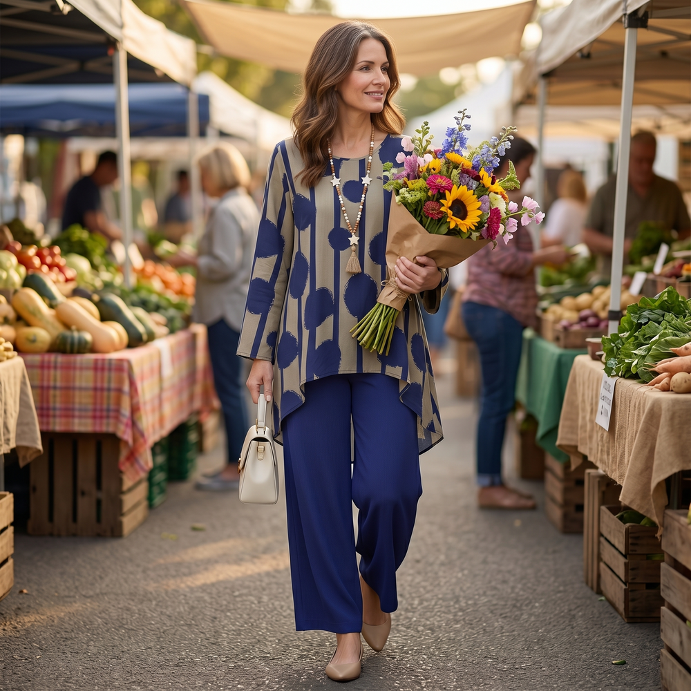 Vivelyn – Women's Bold Print High-Low Tunic & Wide-Leg Pants Set