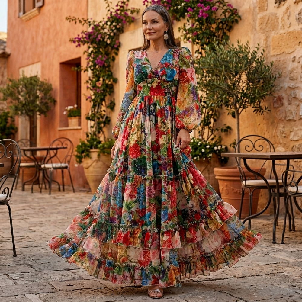 Floressa – Women's Tiered Floral Maxi Dress with Lantern Sleeves