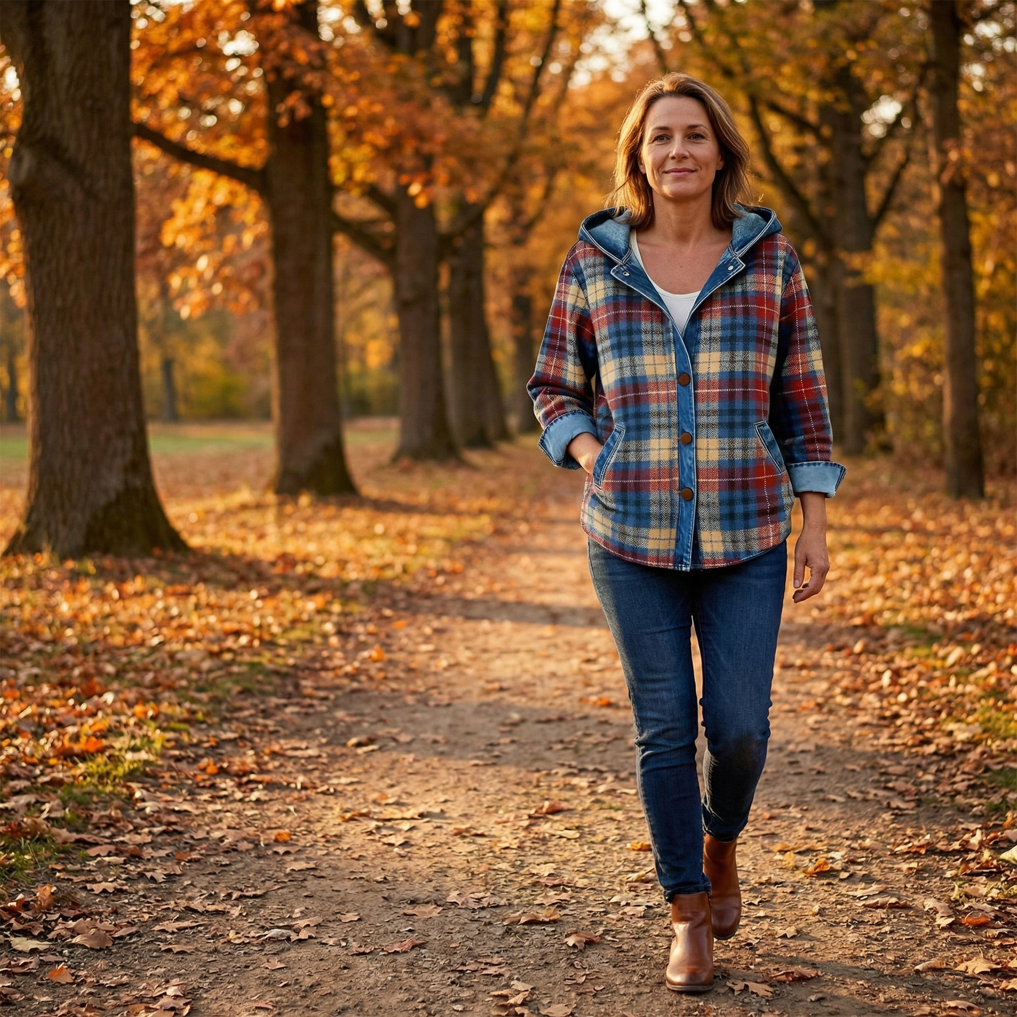 Weslyn – Women’s Contrast Denim Plaid Hooded Jacket