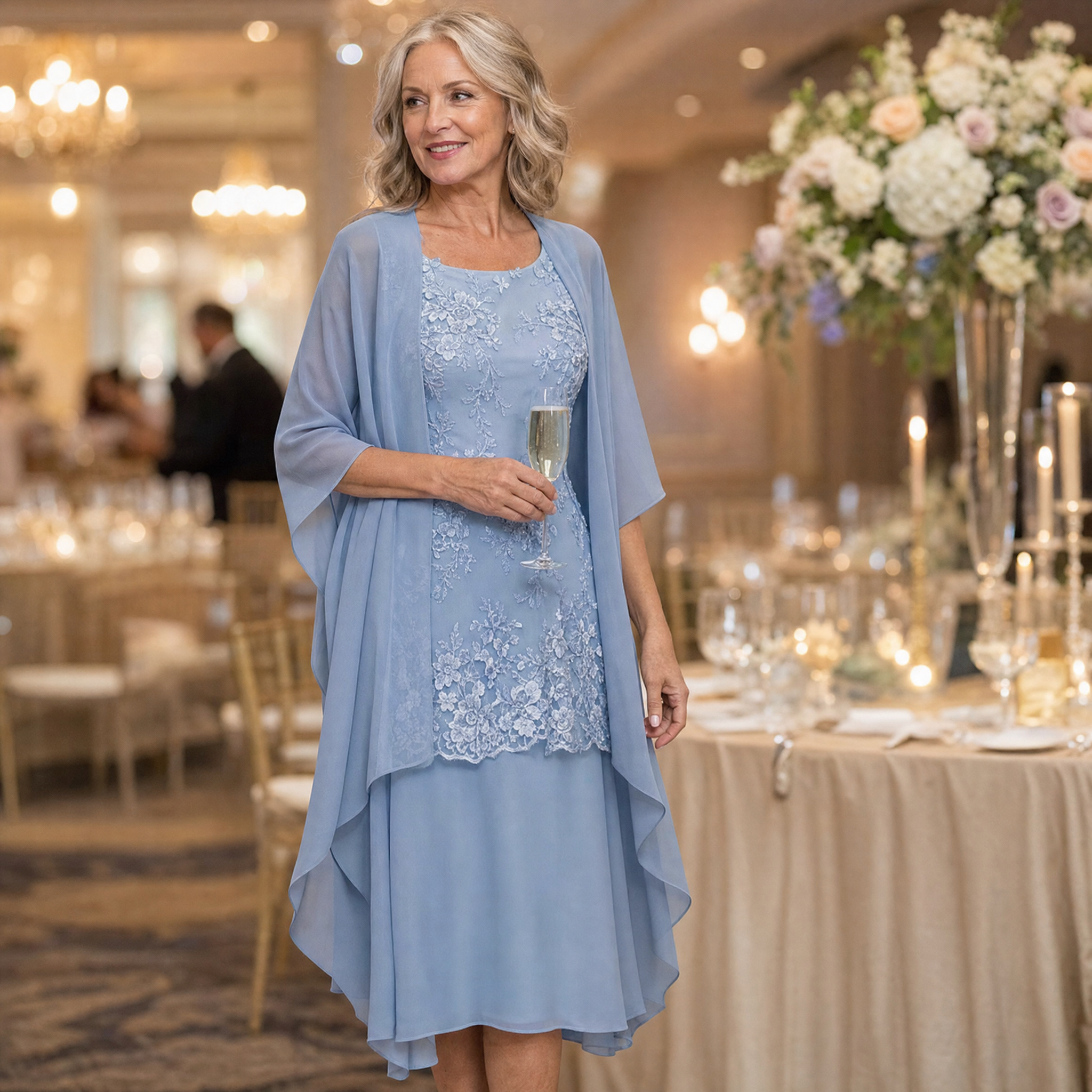 Lunavia – Women's Floral Lace Dress Set with Chiffon Shawl