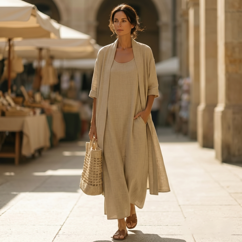 Lunavia – Women's Linen Cotton Two-Piece Set with Duster
