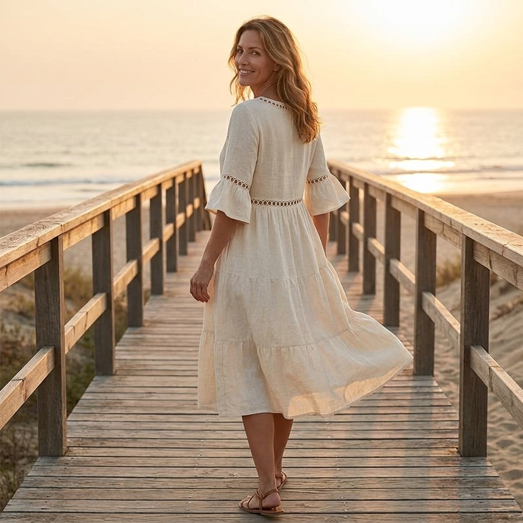 Solenne – Women's Breathable Cotton Linen Lace Midi Dress