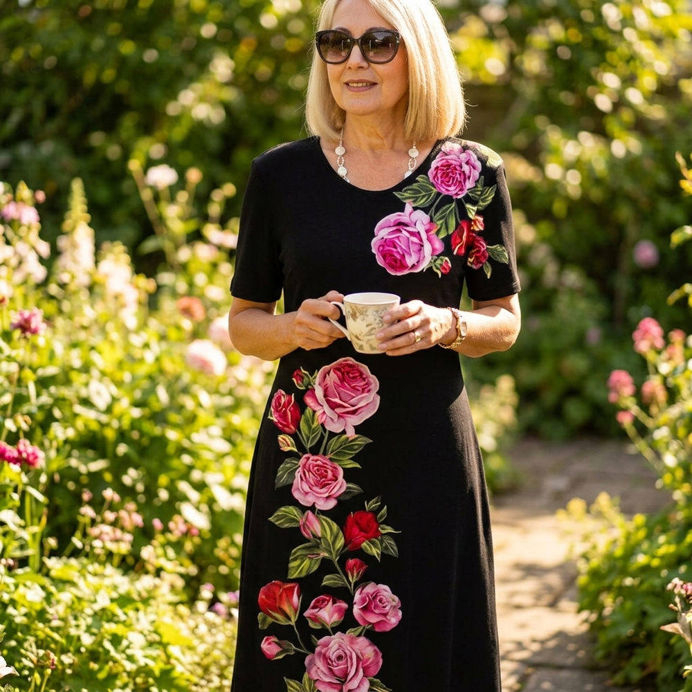 Rosalia – Women's rose print A-line midi dress