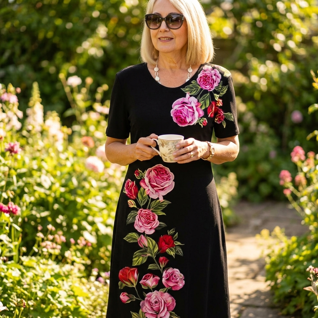 Rosalia – Women's rose print A-line midi dress