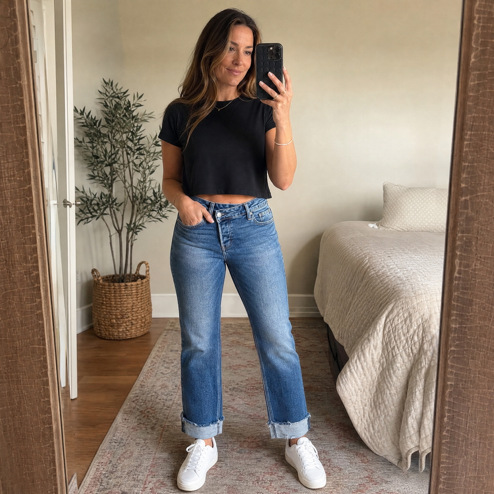 Denvie – Women's High-Waisted Crossover Straight-Leg Jeans