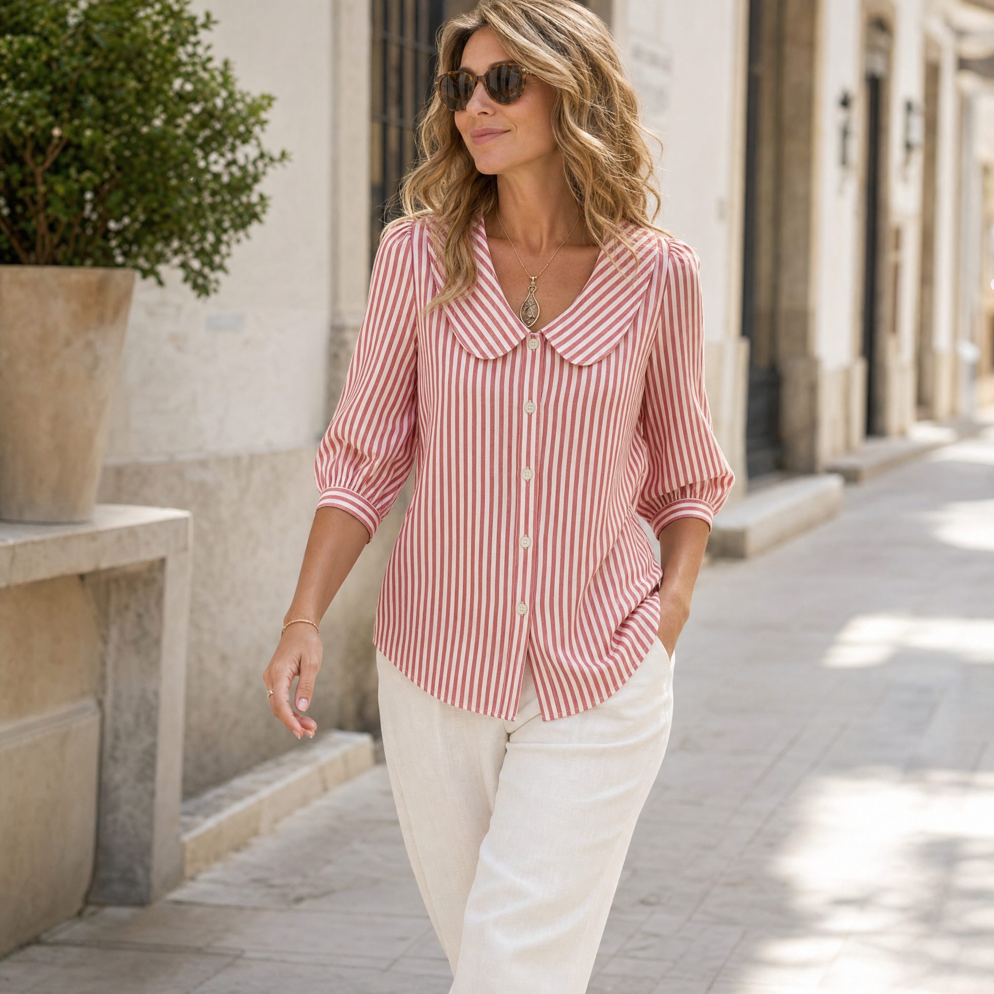 Solène – Women's Striped Sailor Collar Blouse with Puff Sleeves