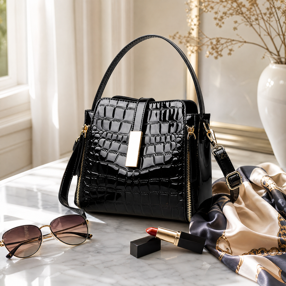 Velora™ – Glossy Croc Crossbody Handbag