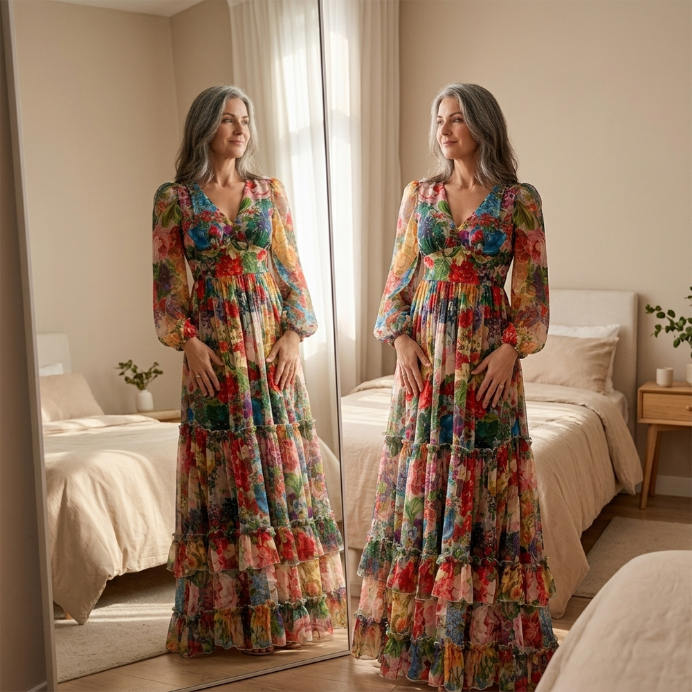Floressa – Women's Tiered Floral Maxi Dress with Lantern Sleeves