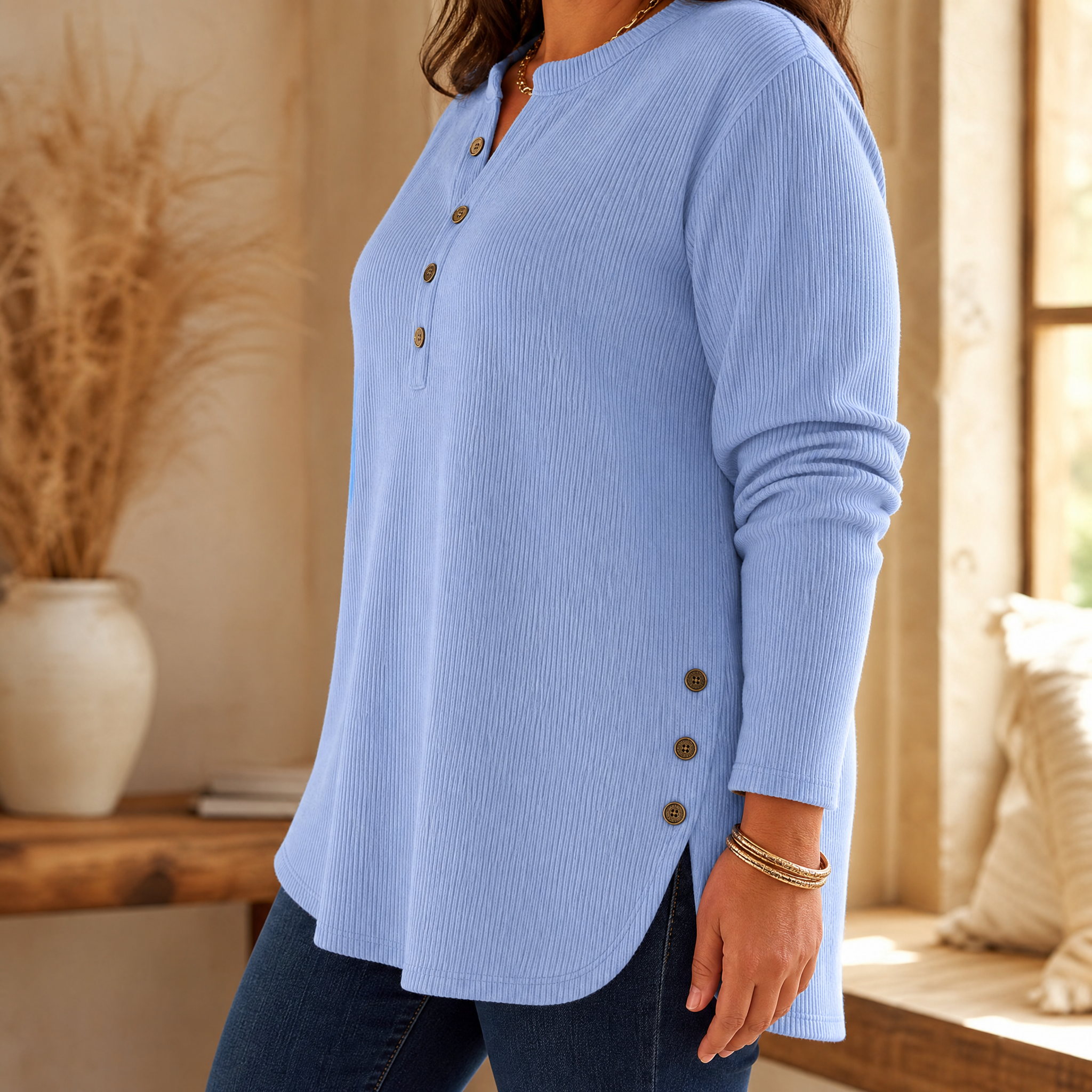 Lunavia™ - Ribbed Button-Up Henley Tunic