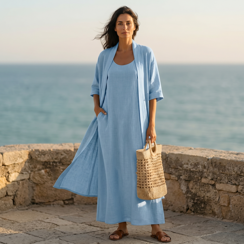 Lunavia – Women's Linen Cotton Two-Piece Set with Duster