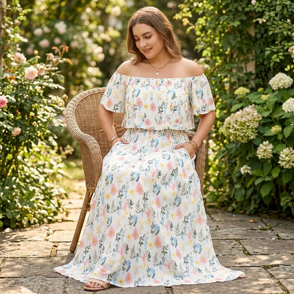 Florevia – Women's Off-Shoulder Floral Maxi Dress with Pockets