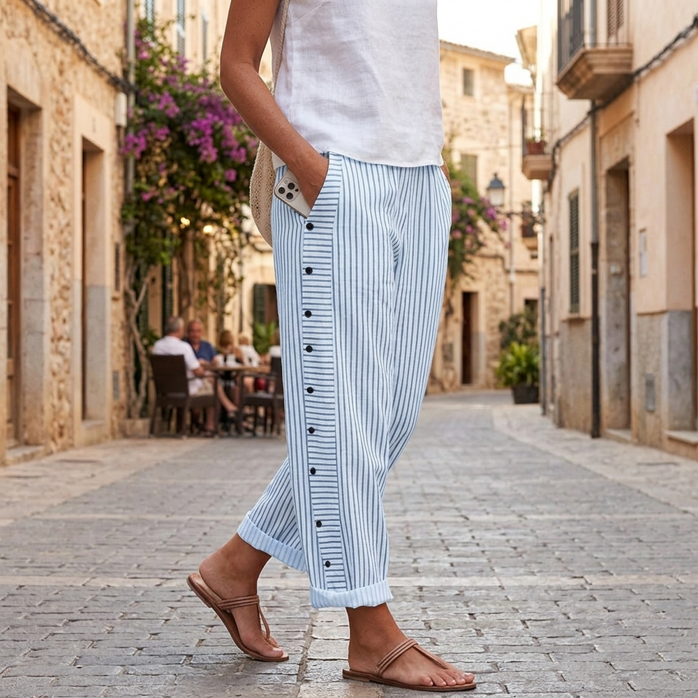 Coastlyn – Women's Striped Cotton Pants with Button Trim