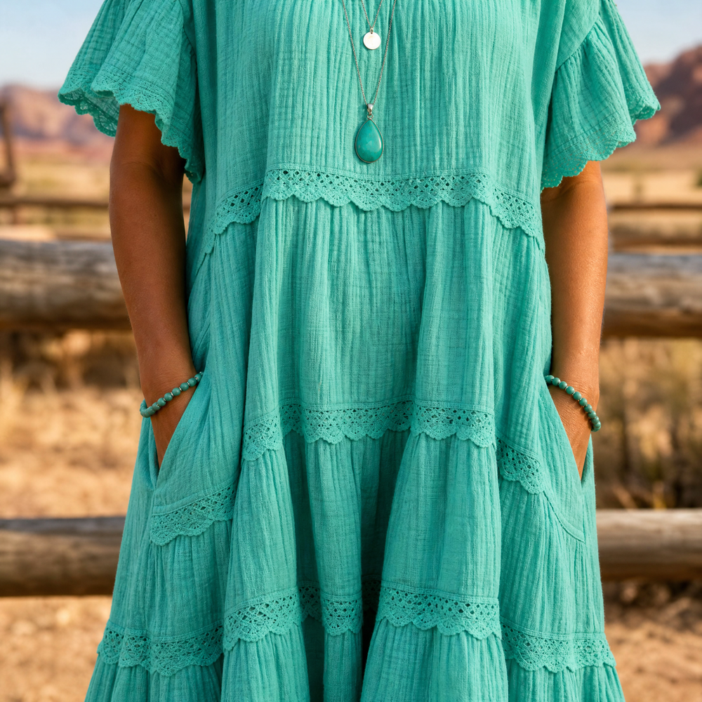 Sundara – Women's Tiered Lace Midi Dress with Hidden Pockets