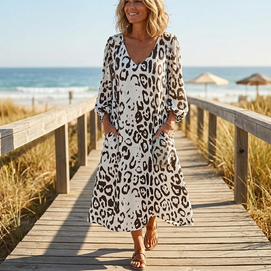 Vivara™ – Leopard Print V Neck Pocket Dress