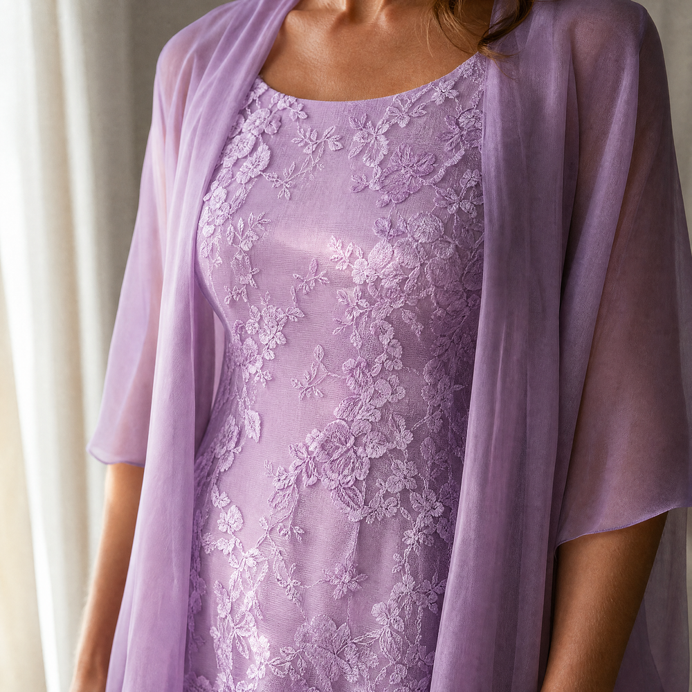 Lunavia – Women's Floral Lace Dress Set with Chiffon Shawl