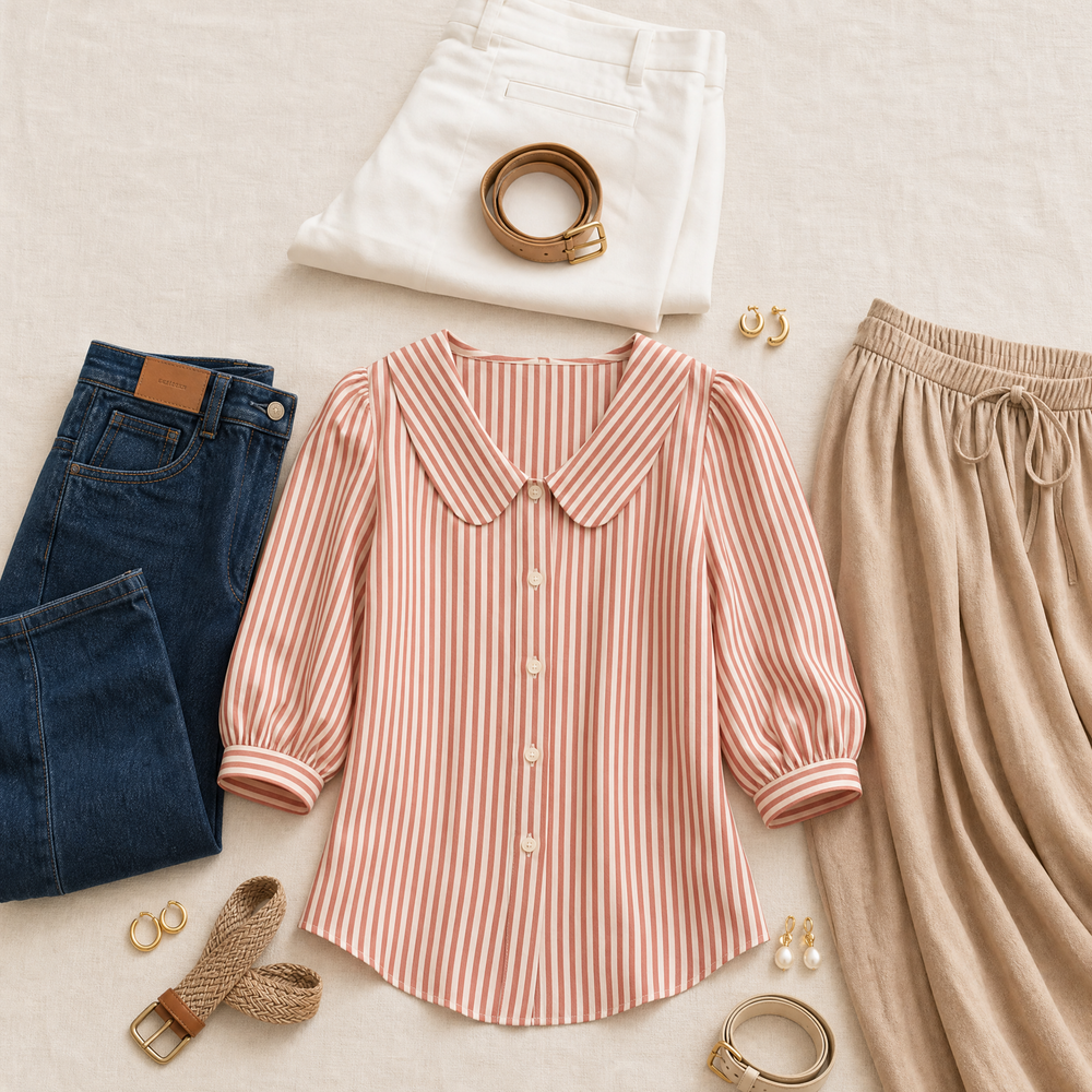 Solène – Women's Striped Sailor Collar Blouse with Puff Sleeves