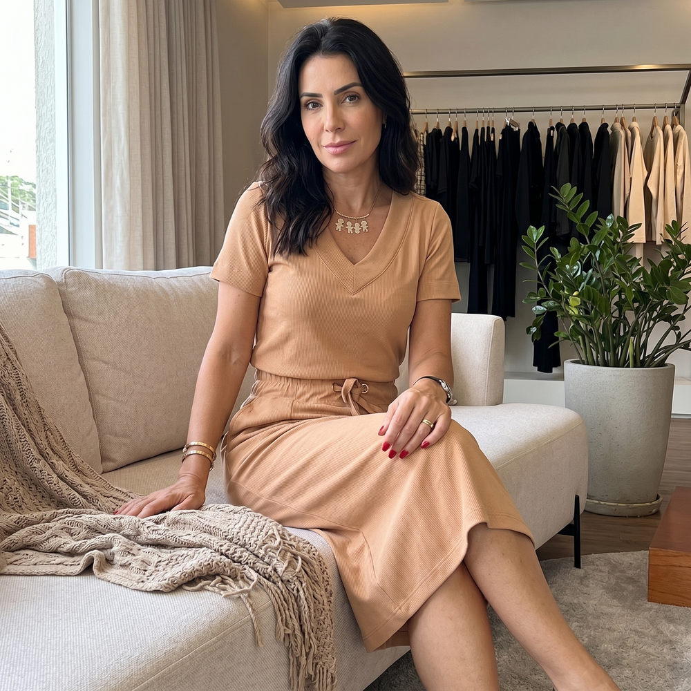 Saviya – Women's Ribbed V-Neck Top and Midi Skirt Set