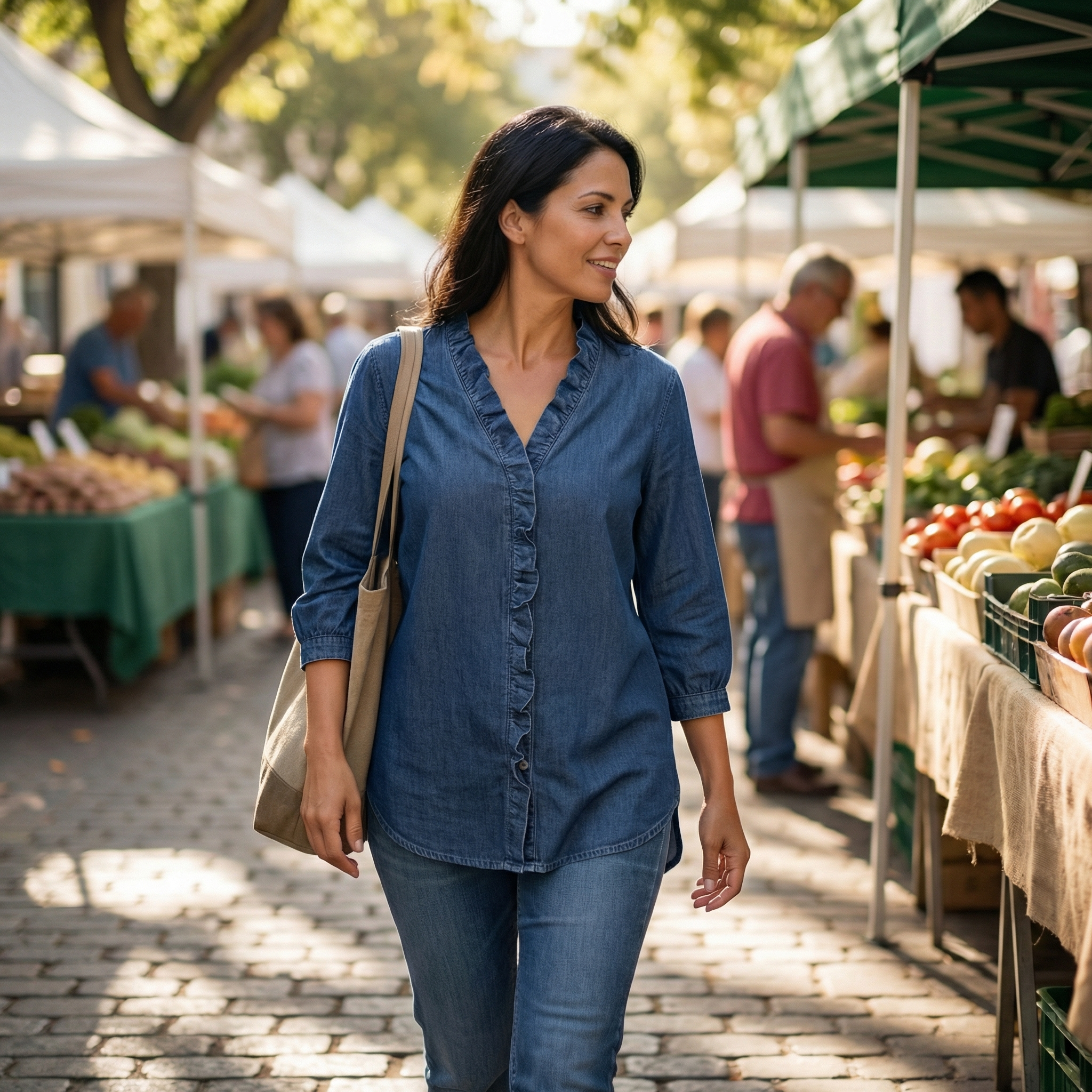 Vivara – Soft Ruffle V Neck Denim Blouse