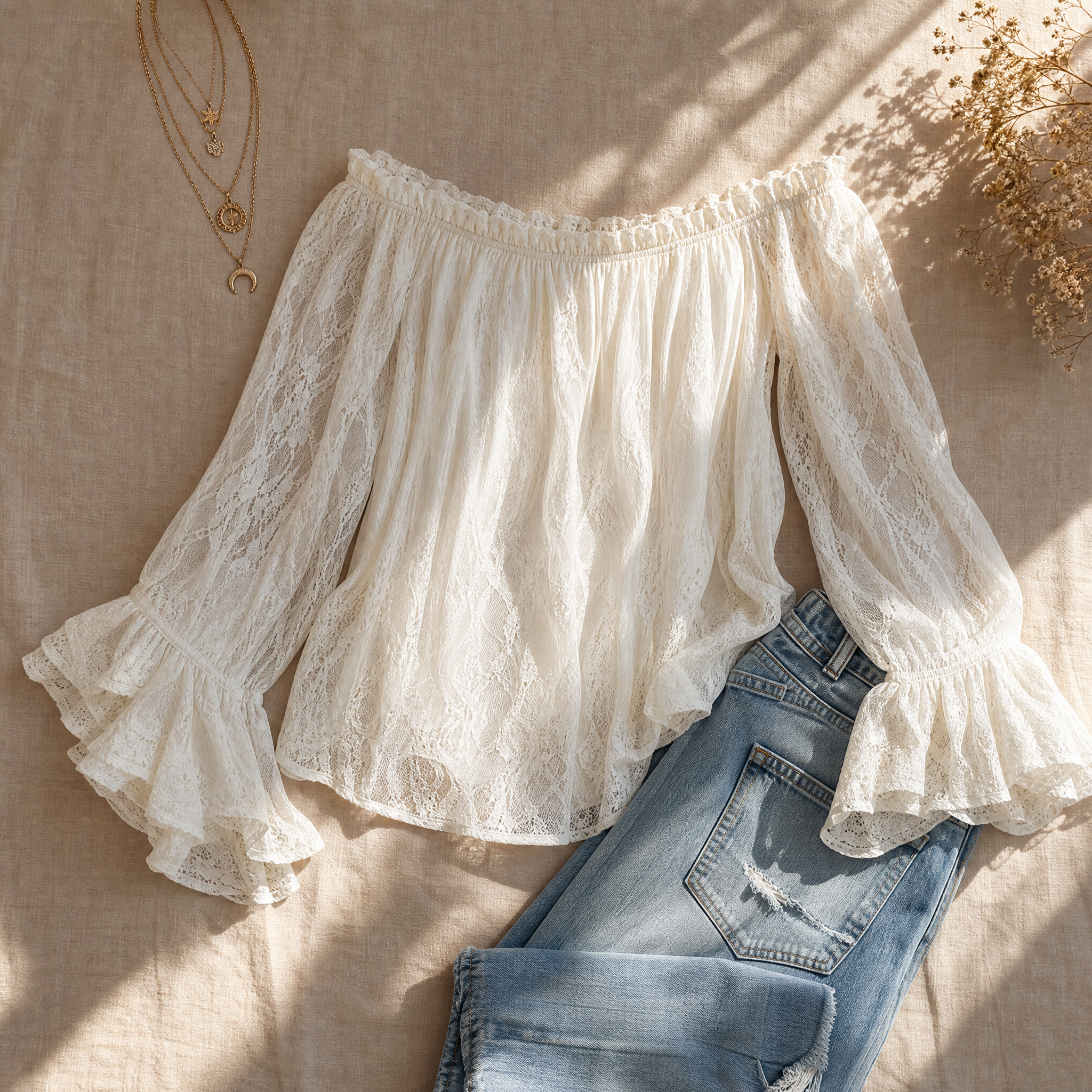 Veluna™ - Off-Shoulder Lace Blouse with Bell Sleeves