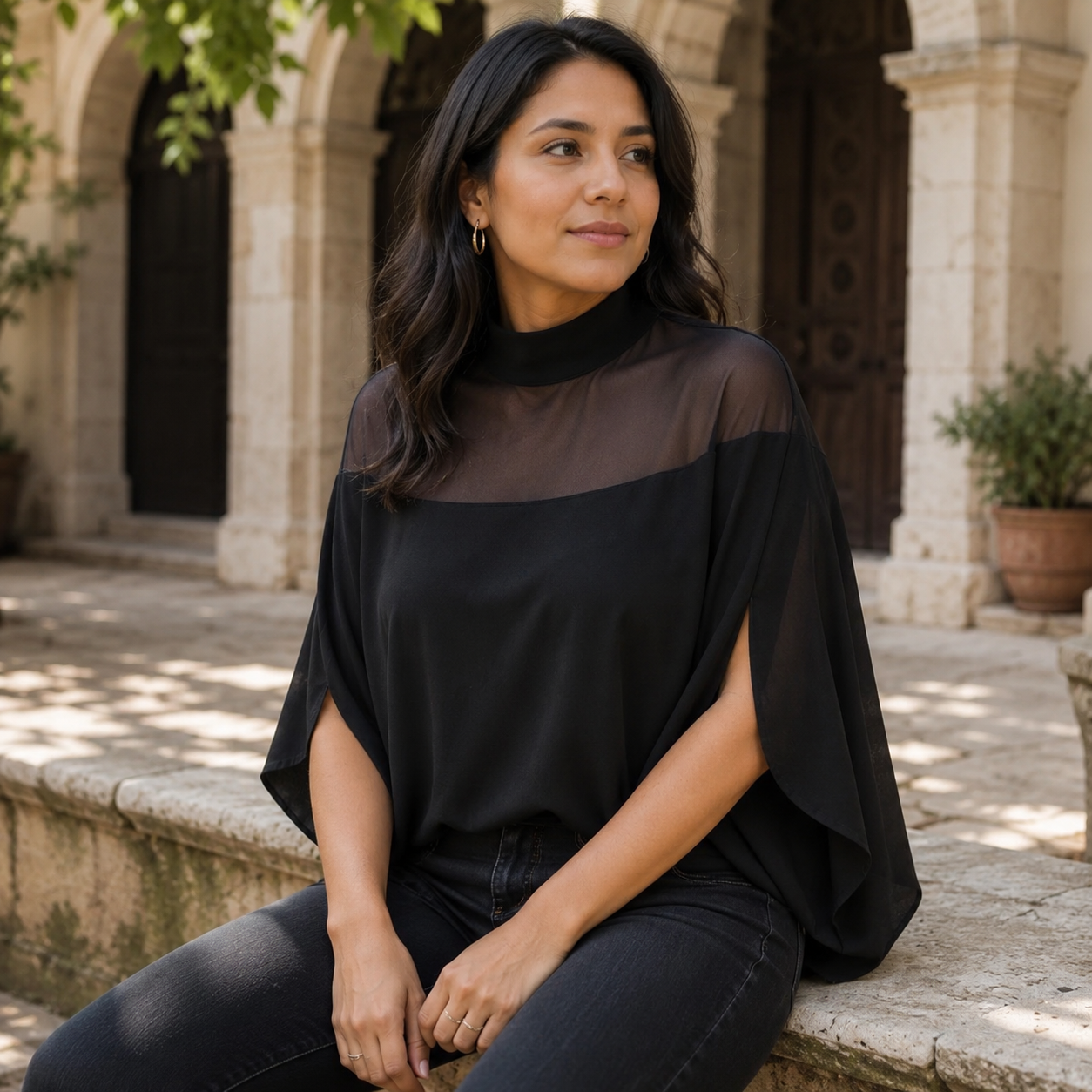 Florenza – Women's Mesh Yoke Batwing Blouse