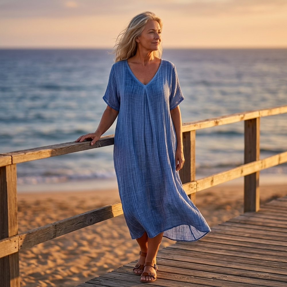 Linara – Women's Breezy Cotton Linen V-Neck Dress