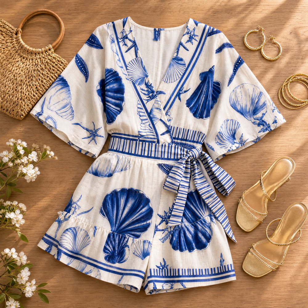 Shellini – Women's Coastal Shell Print Wrap Romper