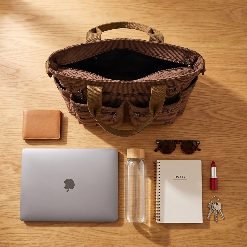 Bowette – Corduroy Bow-Print Tote with Laptop Pocket