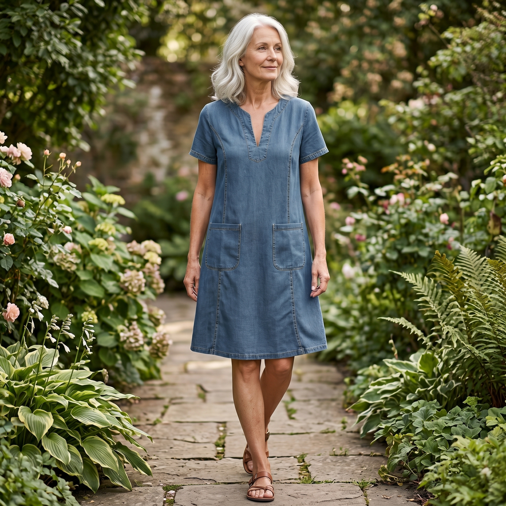Aurelene – Women's V-Neck Denim Dress with Pockets