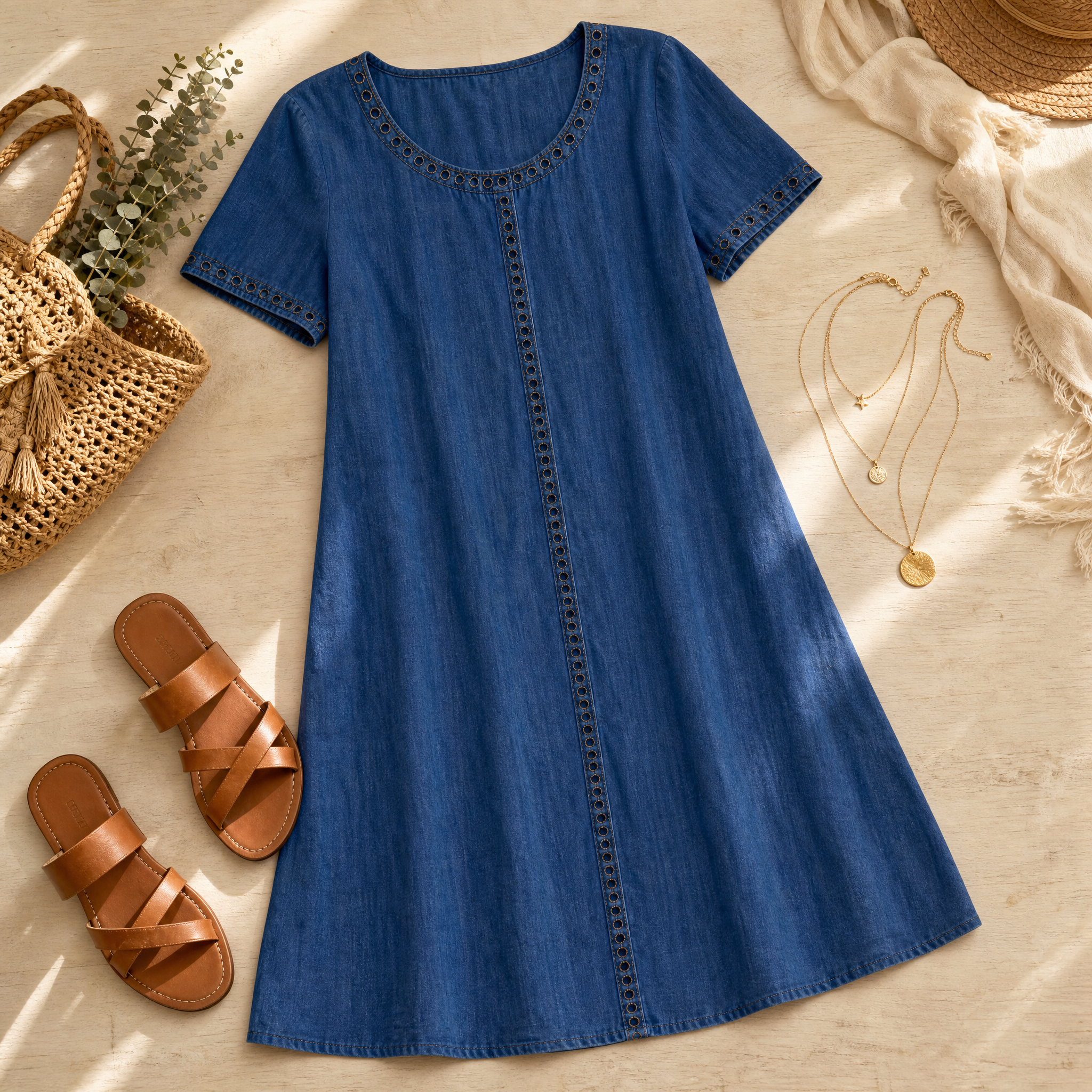Lunavia – Women's Eyelet Trim Linen Midi Dress