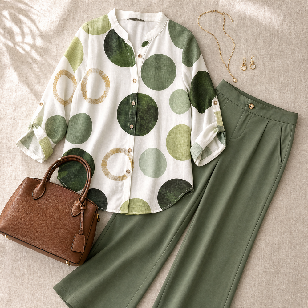 Monica – Women's Abstract Print 2-Piece Set, Blouse and Wide-Leg Trousers